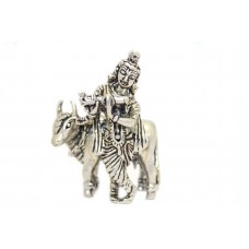 Handmade Indian God Krishna Playing Flute With Cow Figurine 70% Silver Statue S4